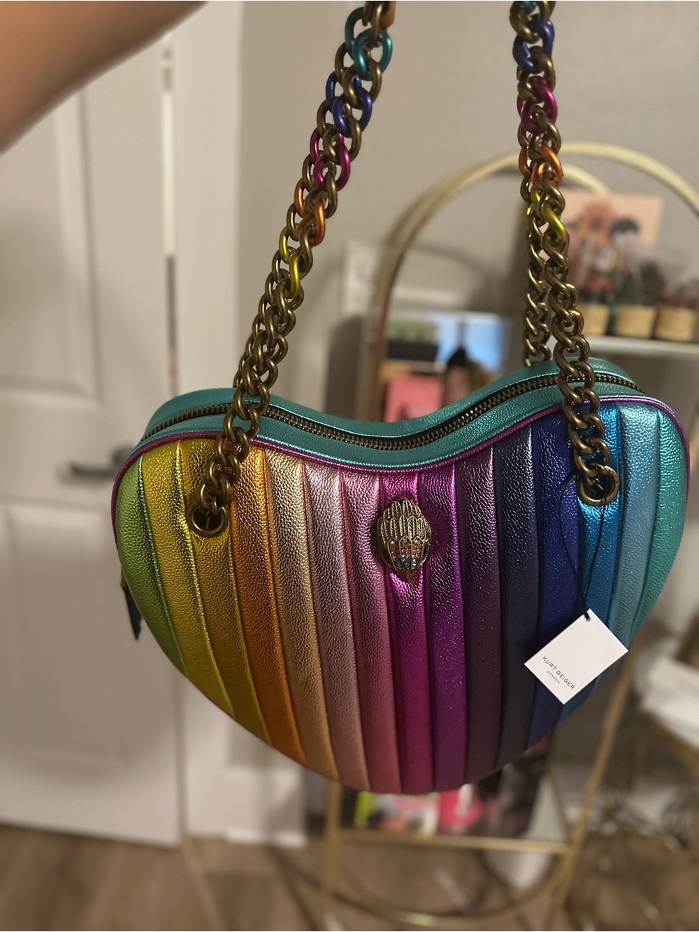 Kurt Geiger Metallic Rainbow Heart Shoulder Bag with Gold Chain